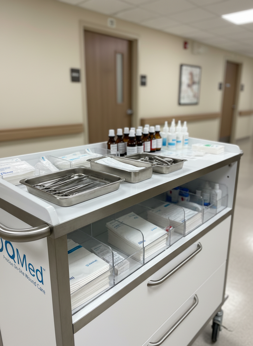 Stocked wound care treatment cart in a skilled nursing facility corridor